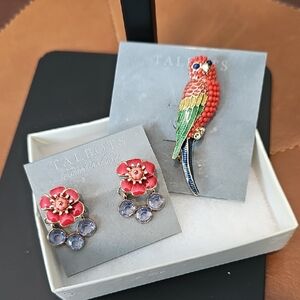 Talbots Multicolor Parrot Brooch with Red Floral Drop Earrings